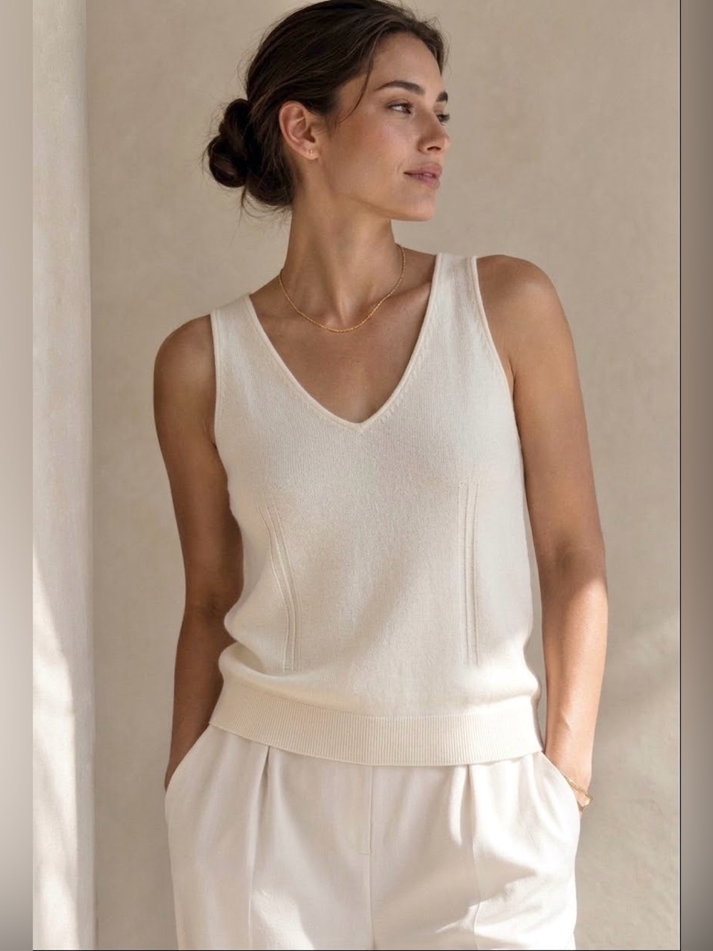 JOIE Ivory Cashmere Sweater Knit V-Neck Tank Blouse Quiet Luxury - Size Large
